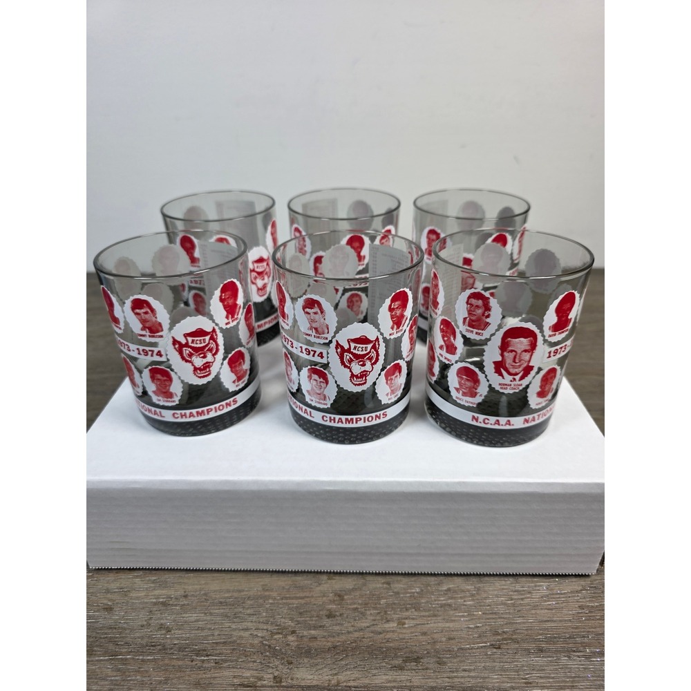 VTG 1973 1974 NC State Wolfpack National Champions Basketball Glasses Set of 6